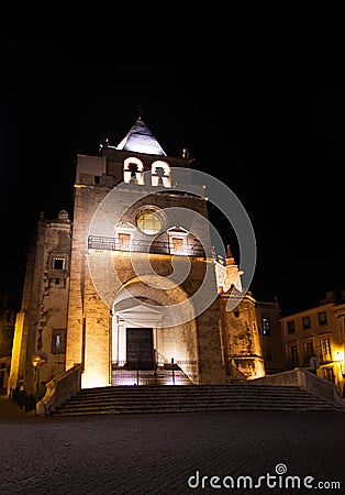 Facade of Elvas main church, Our Lady of the Assumption, by night Stock Photo