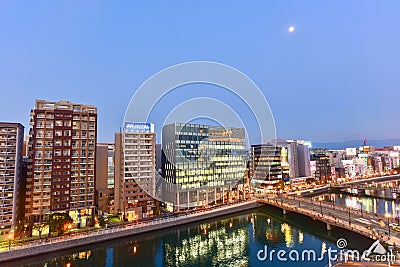 Night View of Fukuoka City and the Naka River Editorial Stock Photo