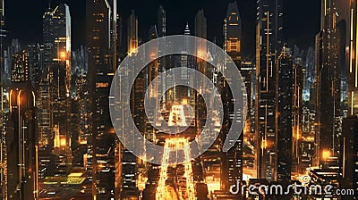 night view of future metropolis with yellow lights future architecture skyscraper. Generative AI Cartoon Illustration