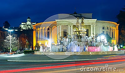 Night view of Colchis Fountain and Academic Theatre in Kutaisi Editorial Stock Photo