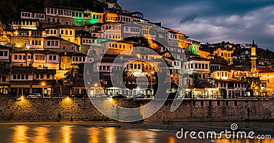 night view at historic city of Berat in Albania, World Heritage Site by UNESCO Editorial Stock Photo