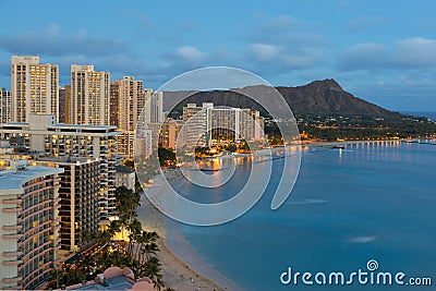 Night view on Honolulu city and Waikiki Beach Stock Photo