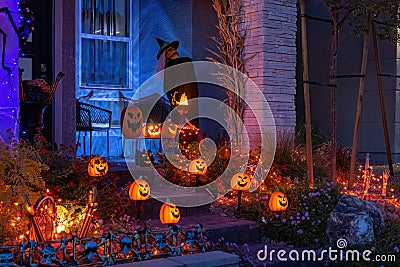 Night view of a house with halloween decoration Stock Photo