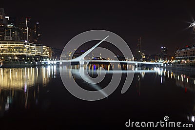 Night view of iconic landmark city of Buenos Aires El Puente de La Mujer, or Woman`s Bridge.Puerto Madero Buenos Aires Argentina Editorial Stock Photo