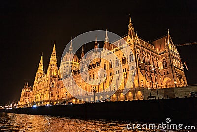 Night view of the illuminated building of the hungarian parliament in budapest Stock Photo
