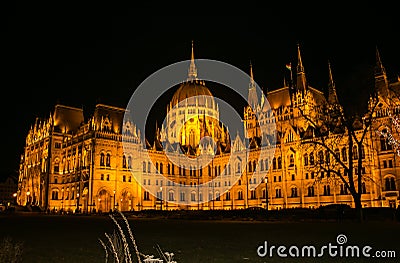 Night view of the illuminated building of the hungarian parliament in budapest Stock Photo