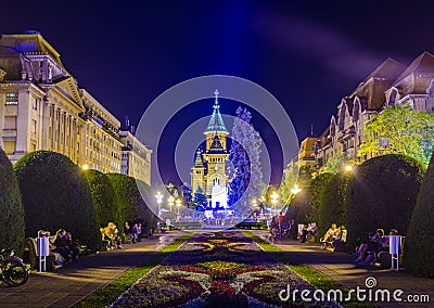 night view of the illuminated victory square - piata victoriei in romanian city timisoara - temesvar in banat province Editorial Stock Photo