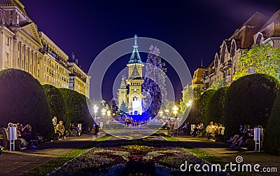 night view of the illuminated victory square - piata victoriei in romanian city timisoara - temesvar in banat province Editorial Stock Photo