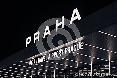 Prague airport 1 terminal. Night view international airport in Prague, Czech Republic. Stock Photo