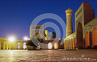 Night view of Kalon mosque and minaret - Bukhara Stock Photo