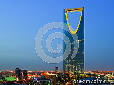 A night view of The Kingdom Tower `Al-Mamlaka` in Riyadh, Saudi Arabia Editorial Stock Photo