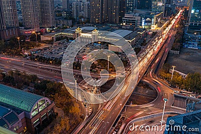 Night view of Liaoning industrial exhibition hall and overpass Editorial Stock Photo