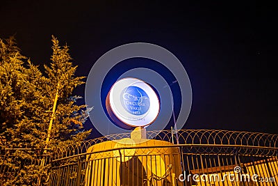 Night view of logo of Okcular Vakfi translation: Organization of the Archers founded after the conquest of Constantinopolis Editorial Stock Photo
