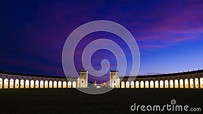 Night view of the majestic and imposing columned facade Barchessa or barn wing of Villa Manin Stock Photo