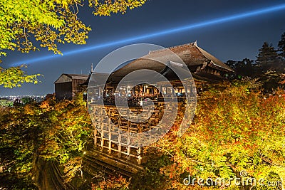 Night View with Maple in Kiyomizu Dera Temple , Kyoto , Japan Stock Photo
