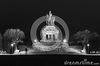 Night view of monumental equestrian statue of William I, the first German Emperor.,at German Corner, German: Deutsches Stock Photo