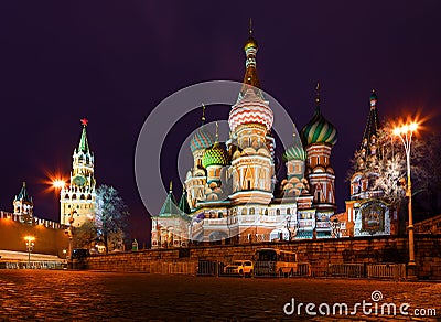 Night view of Moscow Red Square, St Basil Temple and Spasskaya Tower of Kremlin Stock Photo