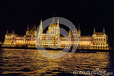 Night view of the most beautiful building of the Hungarian Parliament from the Danube River. City of Budapest, Hungary, night Stock Photo