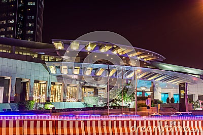 Night view with neon light Kingdom tower with shopping mall in the Olaya District of Riyadh, Saudi Arabia Editorial Stock Photo