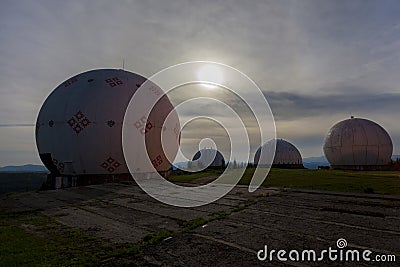Night view on old radar station geospheres Stock Photo