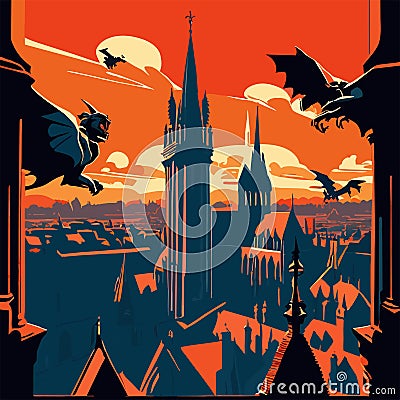 Night view of the old town of Prague, Czech Republic. Vector illustration AI Generated Vector Illustration