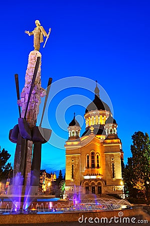 Night view of Orthodox cathedral from Cluj Napoca Stock Photo