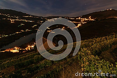 Night view over a vineyard along the Douro River Stock Photo