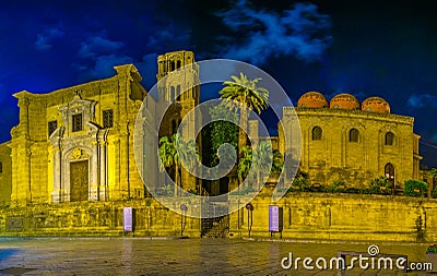 Night view of Piazza Bellini dominated by chiesa di san cataldo and chiesa santa maria dell ammiraglio in Palermo, Sicily, Italy Editorial Stock Photo