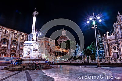 Night view of the Piazza del Duomo in Catania, Sicily, Italy. Editorial Stock Photo