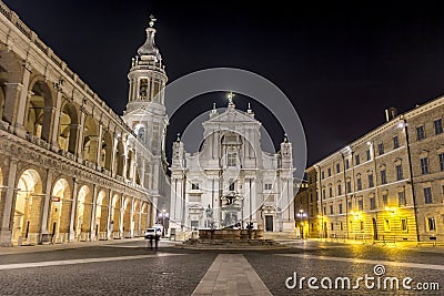 Night view of the Piazza della Madonna and the Sanctuary of the Holy House of Loreto Stock Photo