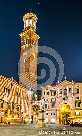 night view of the piazza die signori dominated by torre die lamberti in the italian city verona....IMAGE Editorial Stock Photo