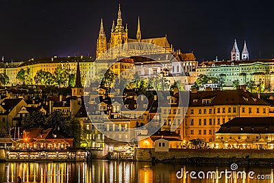 Night View of Prague castle, the largest coherent castle complex in the world, with the reflection on Vltava river Stock Photo