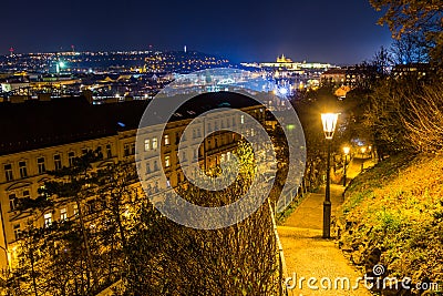 Night view of the prague castle and railway bridge over vltava/moldau river in prague taken from the top of vysehrad castle Stock Photo