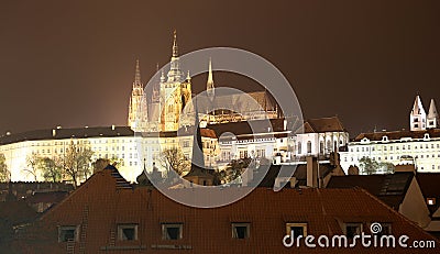 Night view of Prague, Czech Republic: Hradcany, castle and St. Vitus Cathedral. Stock Photo
