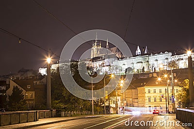 Night view of Prague, Czech Republic: Hradcany, castle and St. Vitus Cathedral Stock Photo