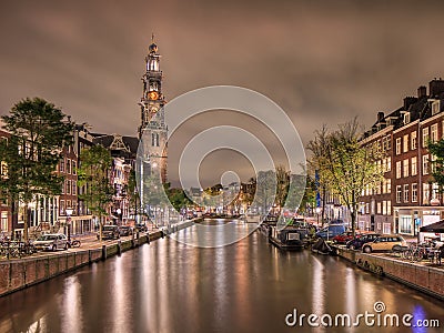 Nigt view on Prinsengracht in historical Canal Belt, Amsterdam Editorial Stock Photo