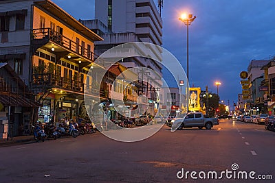 Night view of Rama 6 road in city center of Trang Editorial Stock Photo