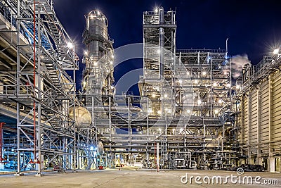 Night view of the refinery, distillation columns Stock Photo