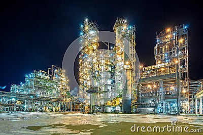 Night view of the refinery, distillation columns Stock Photo