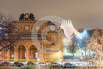 Night view of the remains of Anhalter Bahnhof, a former railway terminus in Berlin, Germany Editorial Stock Photo