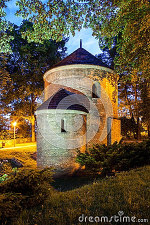Night view of the Romanesque St Nicholas Rotunda on Castle Hill in Cieszyn, Poland Stock Photo