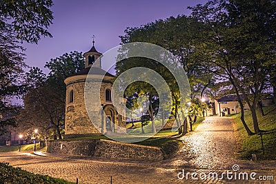 Night view of the rotunda of saint martin situated inside of the grounds of Vysehrad castle in Prague. Summer night. Stock Photo