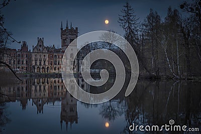 Night view of the ruins of the palace in Kopicach during the full moon Stock Photo