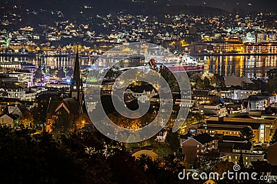 Night View at Sandefjord city from Mokollen Editorial Stock Photo