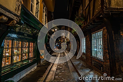 Night view of the Shambles, York Editorial Stock Photo