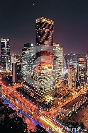Night view of Shanghai Jing`an CBD Editorial Stock Photo