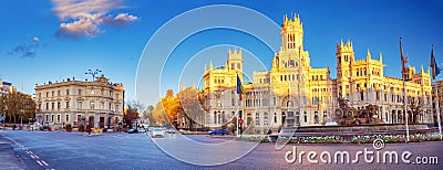 Night view on the square with Cybele Palace in Marid, Spain. Editorial Stock Photo