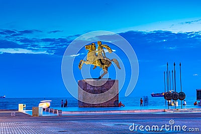 Night view of the Statue of Alexander the Great in Thessaloniki, Greece Editorial Stock Photo