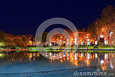 Night view of Swan Lake in Yerevan. Armenia Editorial Stock Photo