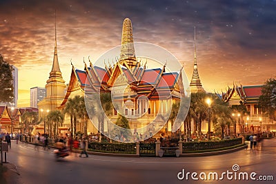 Night view of the Thai Temple Wat Phra Kaew with Ai Generated Stock Photo